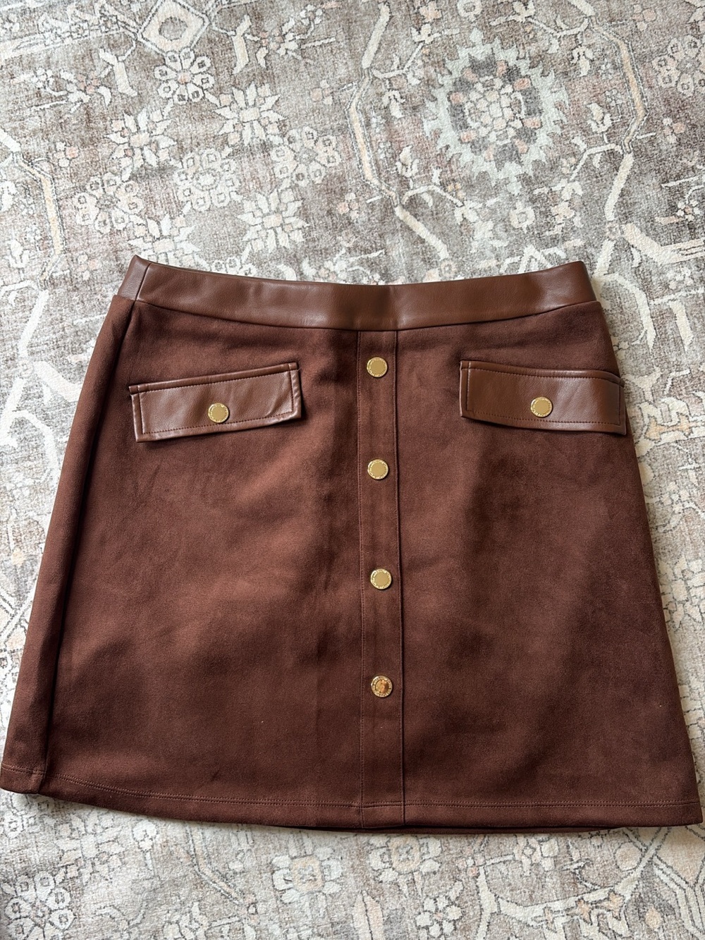 Marc New York Chocolate Brown Faux Suede A-Line Skirt with Gold Buttons